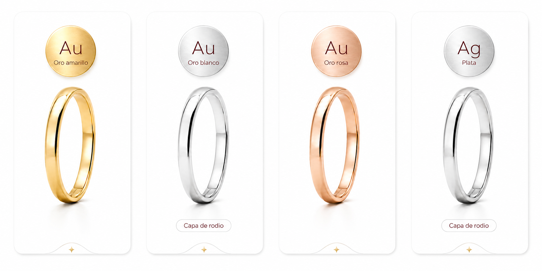 Metales nobles: oro amarillo, oro blanco, oro rosa y plata